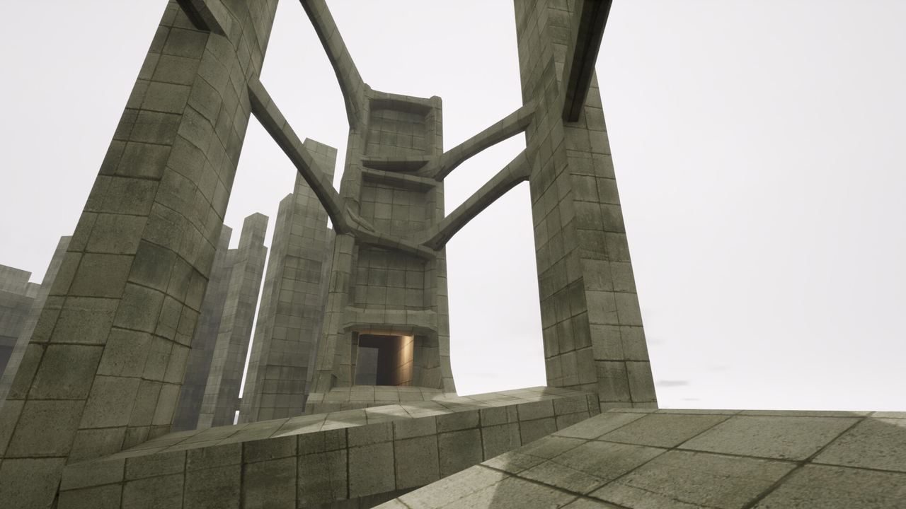 Monumental stone towers joined by branching bridges under a pale sky in VHOLUME
