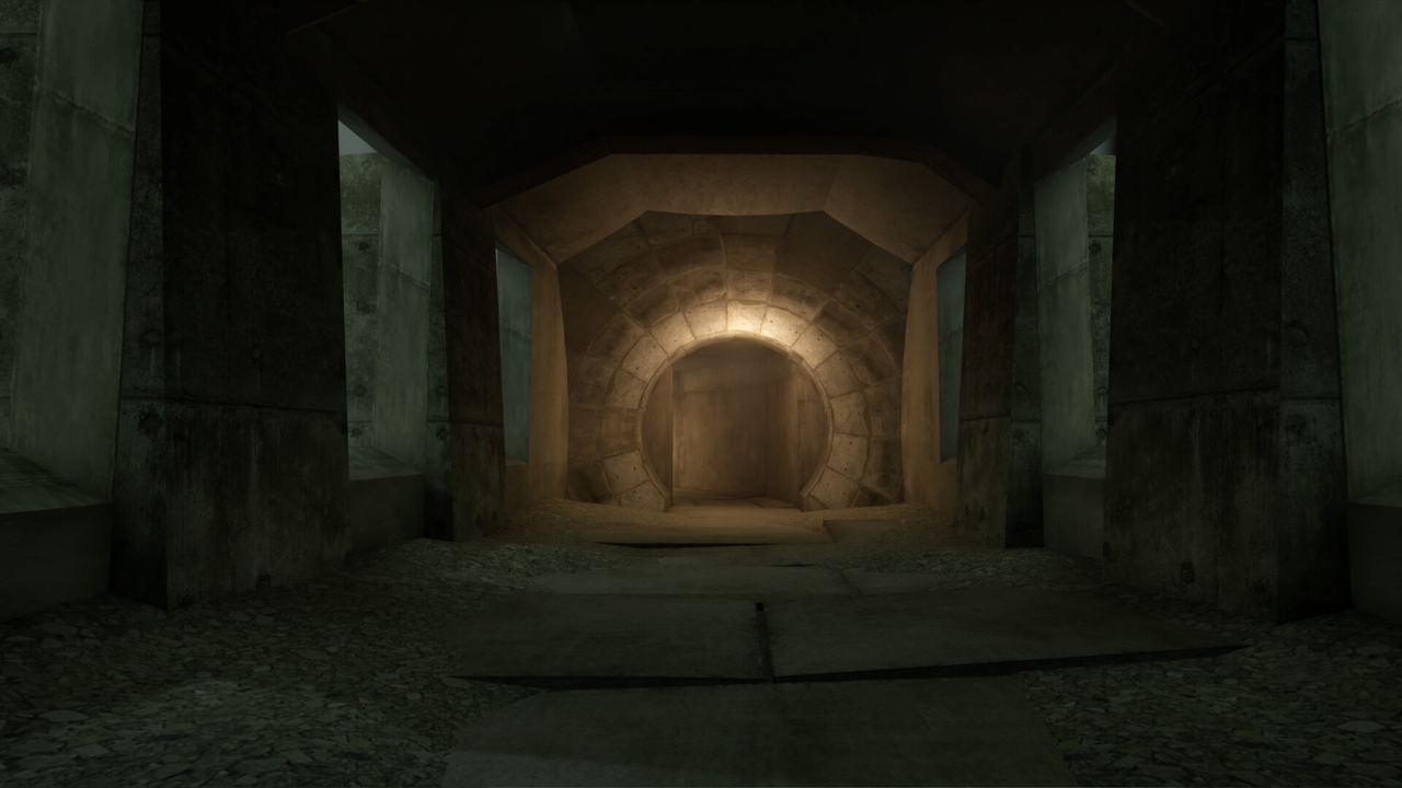 Dark tunnel opening into a warmly lit arched passage in VHOLUME